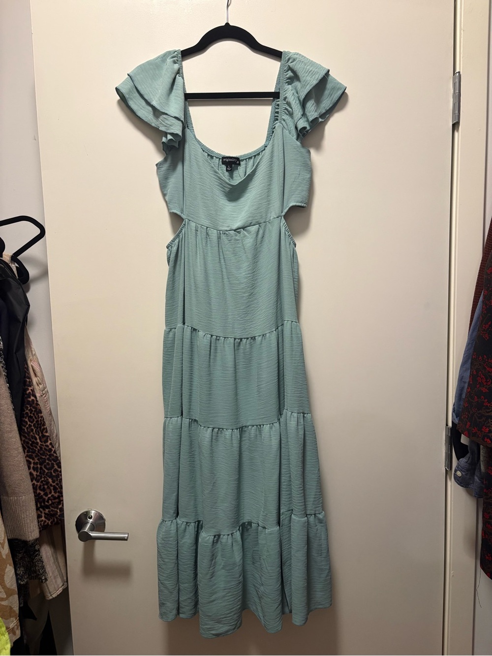 Tiered Midi Dress with Ruffle Cap Sleeves in Light Green